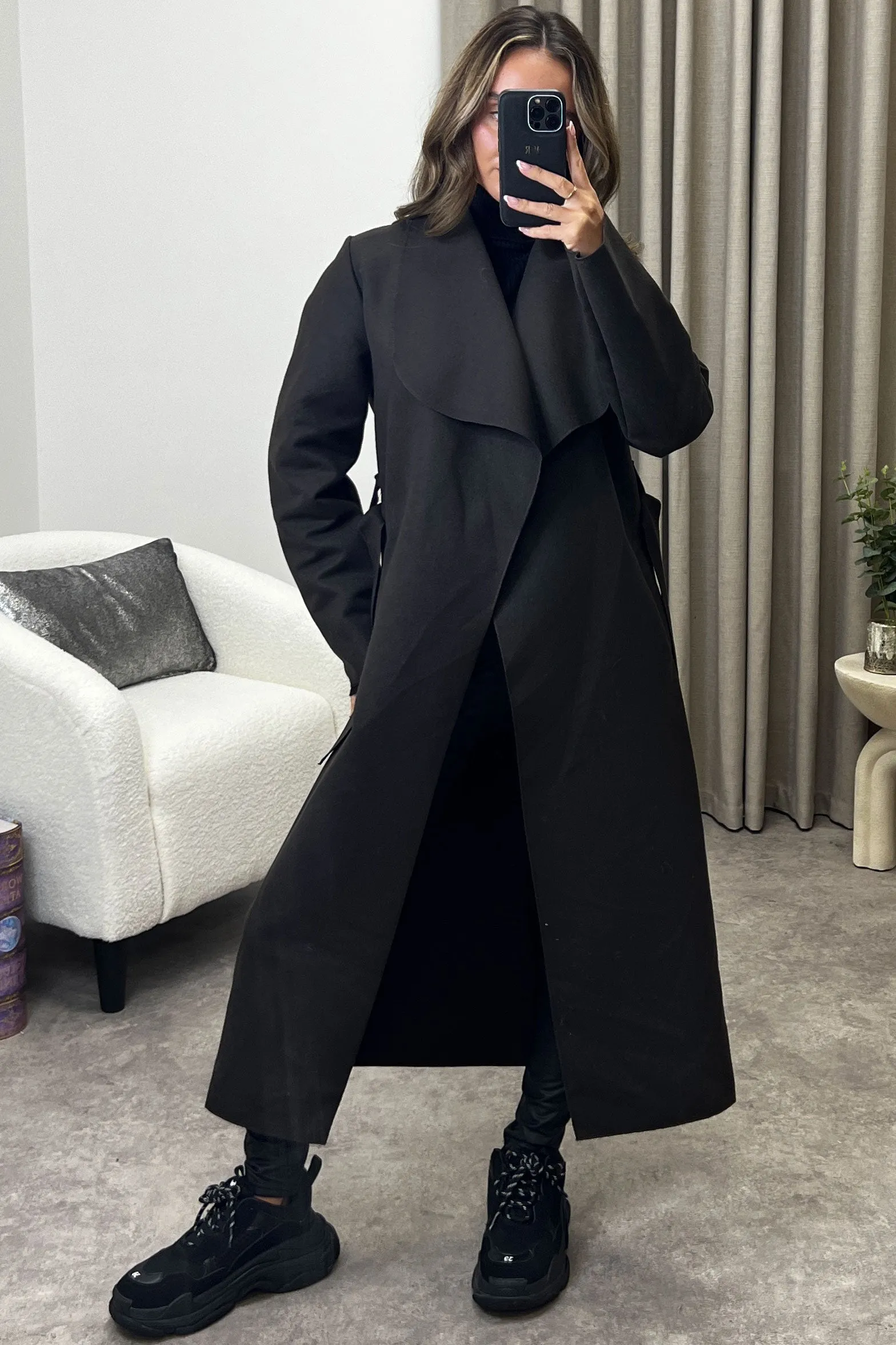 Mandie Brown Waterfall Belted Felt Longline Coat