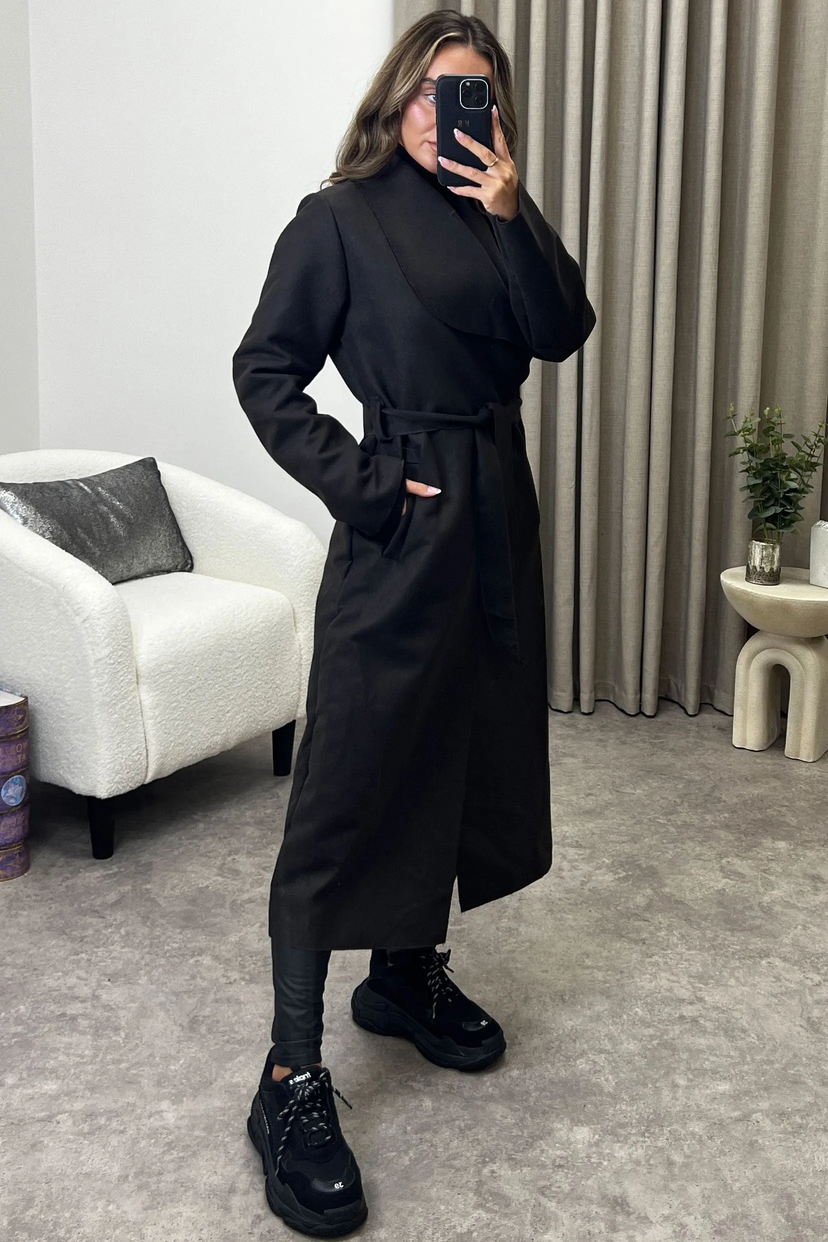 Mandie Brown Waterfall Belted Felt Longline Coat