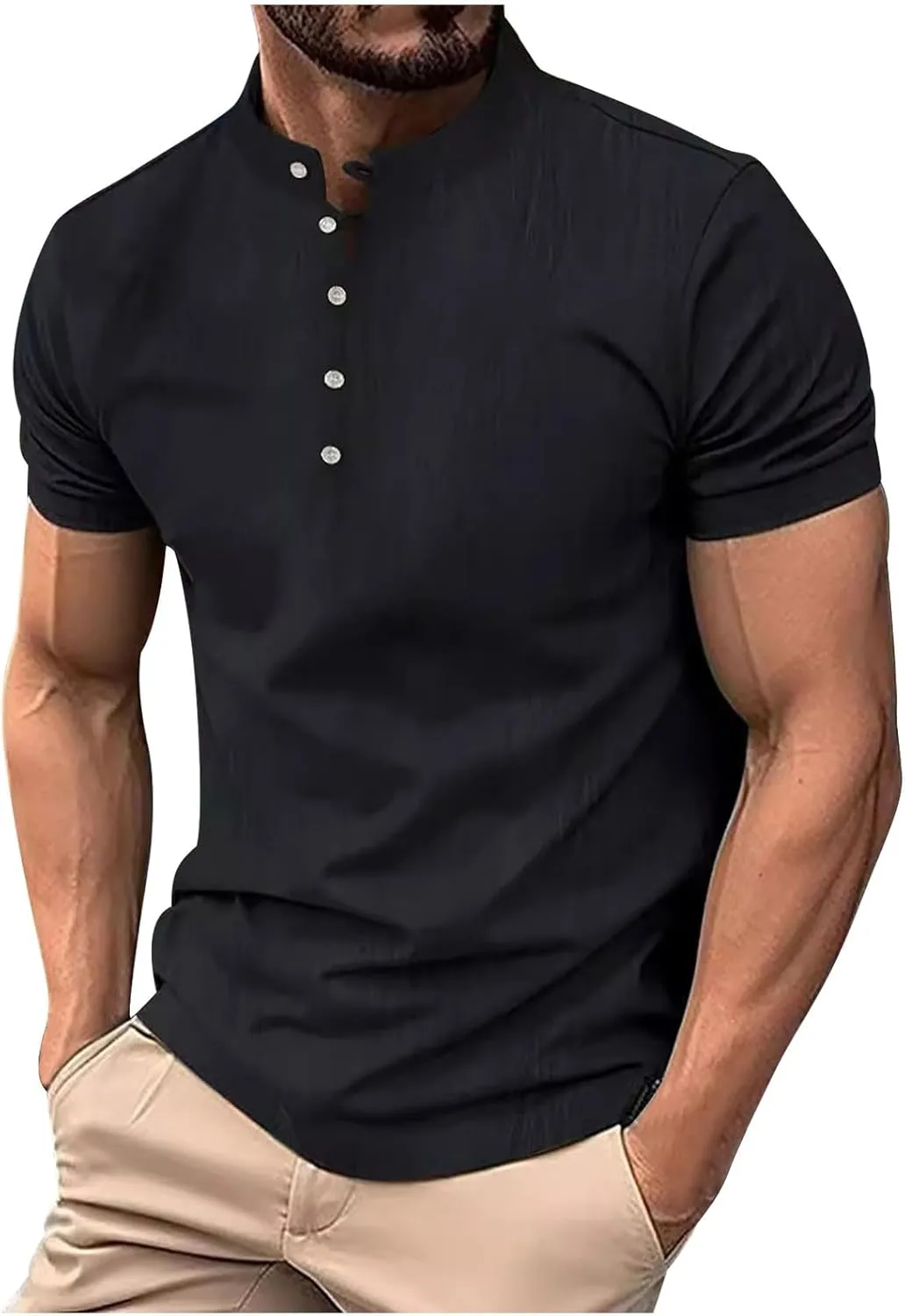 Men Cotton Linen Shirts Oversized Button Short Sleeve Solid Relaxed Tees Band Collar Loose Fitness Fashion Shirt Tops
