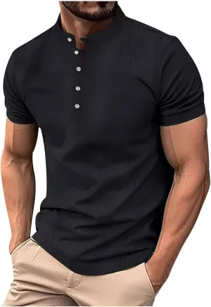 Men Cotton Linen Shirts Oversized Button Short Sleeve Solid Relaxed Tees Band Collar Loose Fitness Fashion Shirt Tops