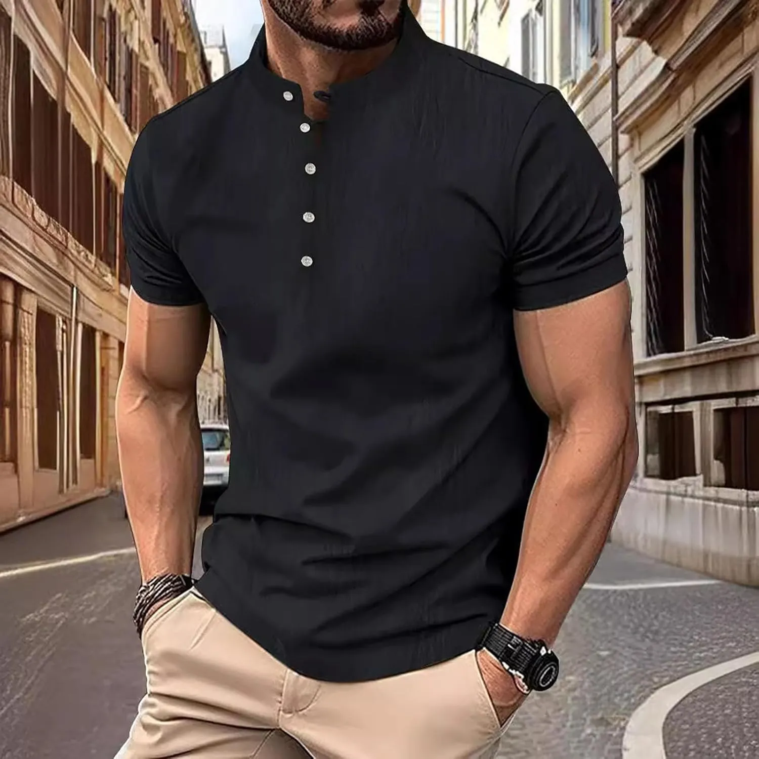 Men Cotton Linen Shirts Oversized Button Short Sleeve Solid Relaxed Tees Band Collar Loose Fitness Fashion Shirt Tops