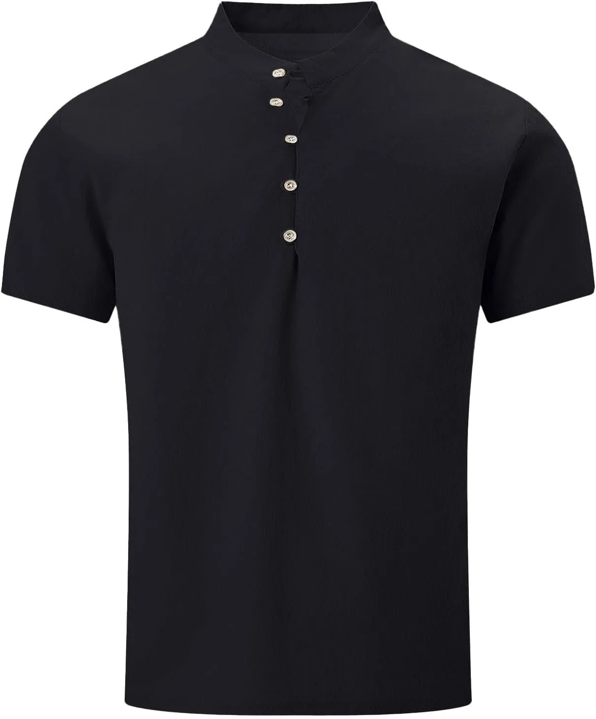 Men Cotton Linen Shirts Oversized Button Short Sleeve Solid Relaxed Tees Band Collar Loose Fitness Fashion Shirt Tops