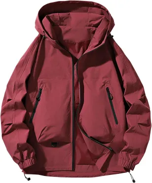 Men Softshell Jacket with Hood Waterproof Windbreaker Lightweight Rain Jacket Outdoor Hiking Travel Hoodies Outerwear