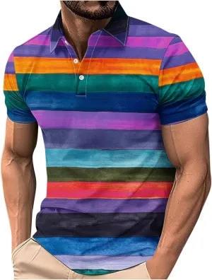 Men Striped Color Block Tops Short Sleeve Casual Polo Shirts Button Up Slim Fit Tee Top Fashion Athletic Clothes