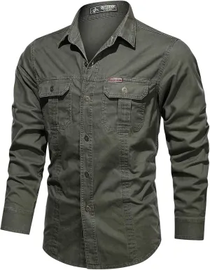 Men's Cargo Shirts Long Sleeve Casual Button Down Military Tactical Shirts Outdoor Lightweight Sun Protection Hiking Shirts