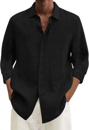 Mens Casual Linen Shirts 3/4 Sleeve Button Down Shirt Hawaiian Vacation Summer Tees Outdoor Plain Beach Collared Tops