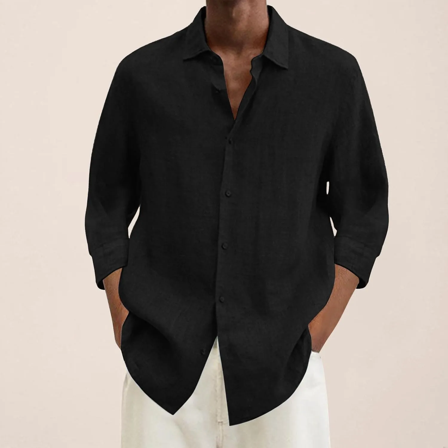 Mens Casual Linen Shirts 3/4 Sleeve Button Down Shirt Hawaiian Vacation Summer Tees Outdoor Plain Beach Collared Tops