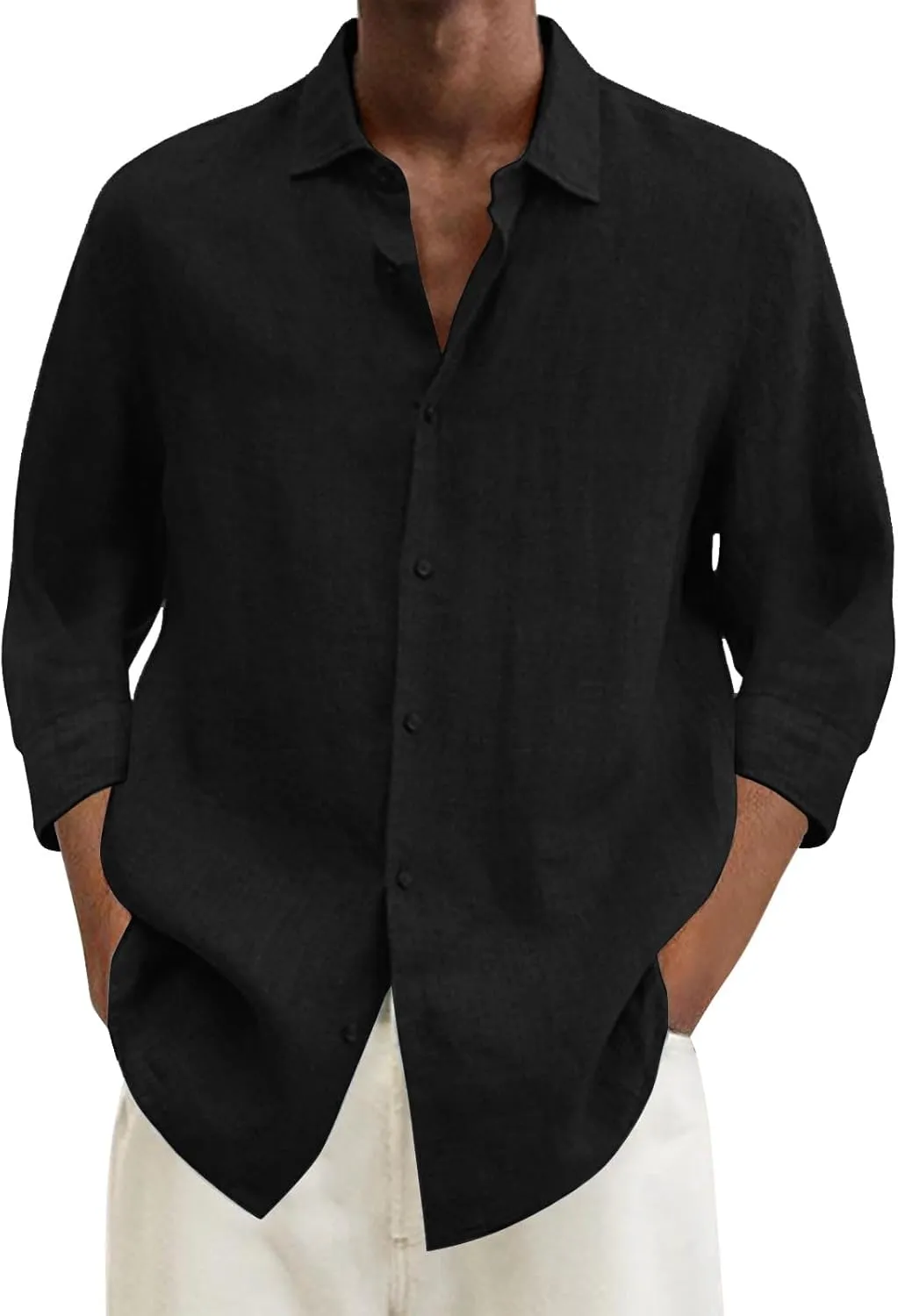 Mens Casual Linen Shirts 3/4 Sleeve Button Down Shirt Hawaiian Vacation Summer Tees Outdoor Plain Beach Collared Tops