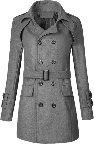 Mens Classic Wool Double Breasted Pea Coat with Belt Notch Collar Slim Fit Trench Coat Mid Long Business Overcoat Pocket Gray