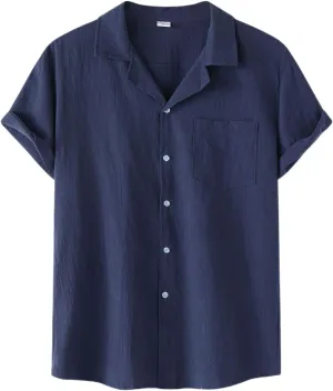 Mens Cotton Linen Summer Shirts, Striped Solid Turndown Collar, Button Down Short Sleeve Shirts, for Casual Beach