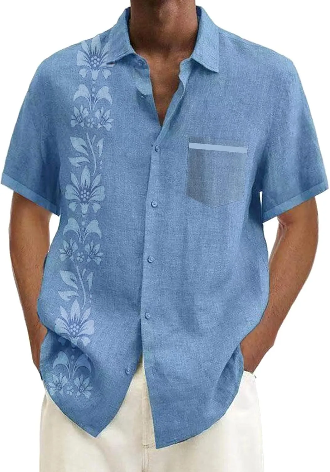 Men's Cuban Guayabera Shirt Short Sleeve Button Down Shirts Casual Summer Beach Linen Blouse with Pocket