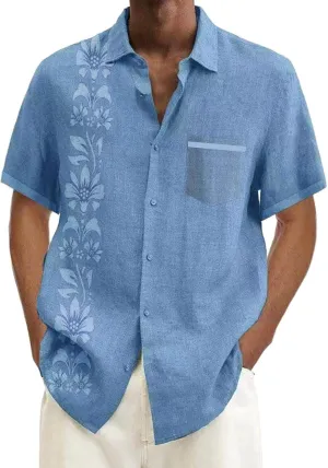 Men's Cuban Guayabera Shirt Short Sleeve Button Down Shirts Casual Summer Beach Linen Blouse with Pocket