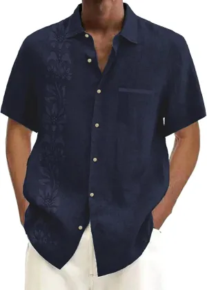 Men's Cuban Guayabera Shirt Short Sleeve Button Down Shirts Casual Summer Beach Linen Blouse with Pocket