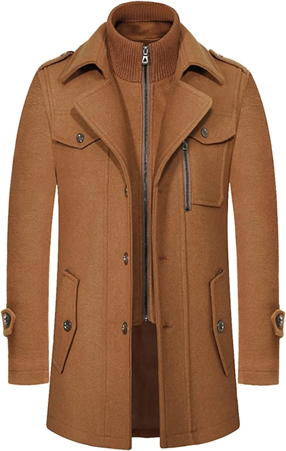 Men's Gentle Layered Collar Single Breasted Quilted Lined Wool Blend Pea Coats Winter Stylish Military Peacoat