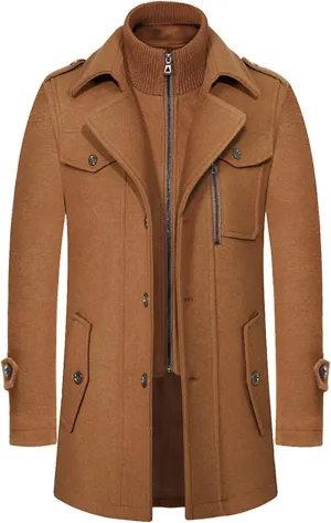 Men's Gentle Layered Collar Single Breasted Quilted Lined Wool Blend Pea Coats Winter Stylish Military Peacoat