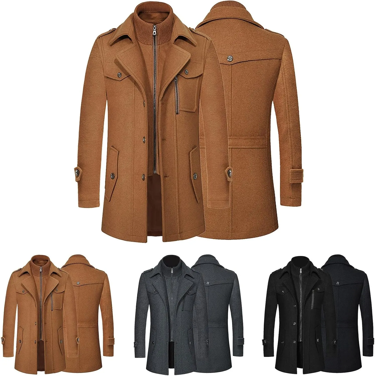 Men's Gentle Layered Collar Single Breasted Quilted Lined Wool Blend Pea Coats Winter Stylish Military Peacoat