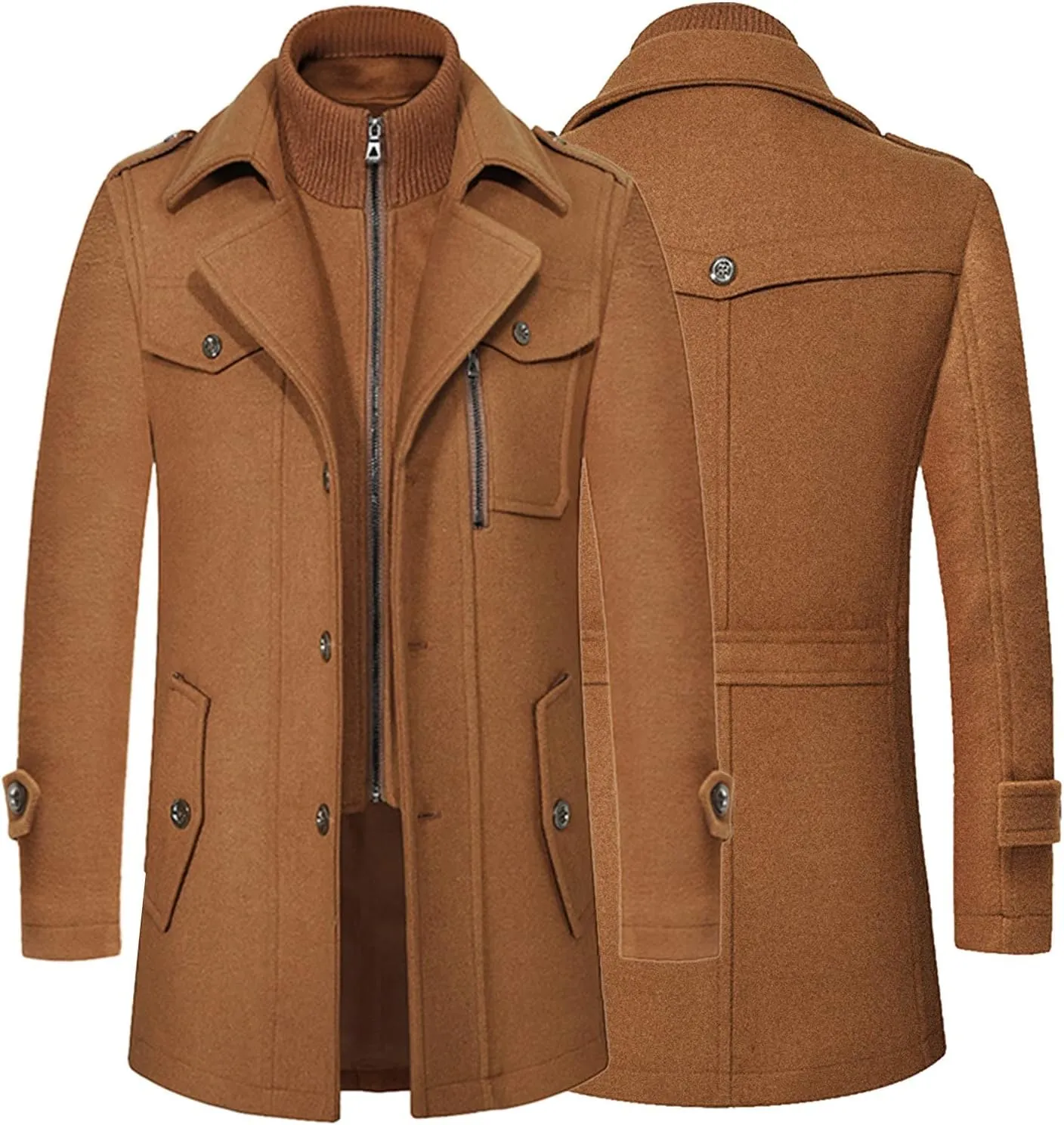 Men's Gentle Layered Collar Single Breasted Quilted Lined Wool Blend Pea Coats Winter Stylish Military Peacoat