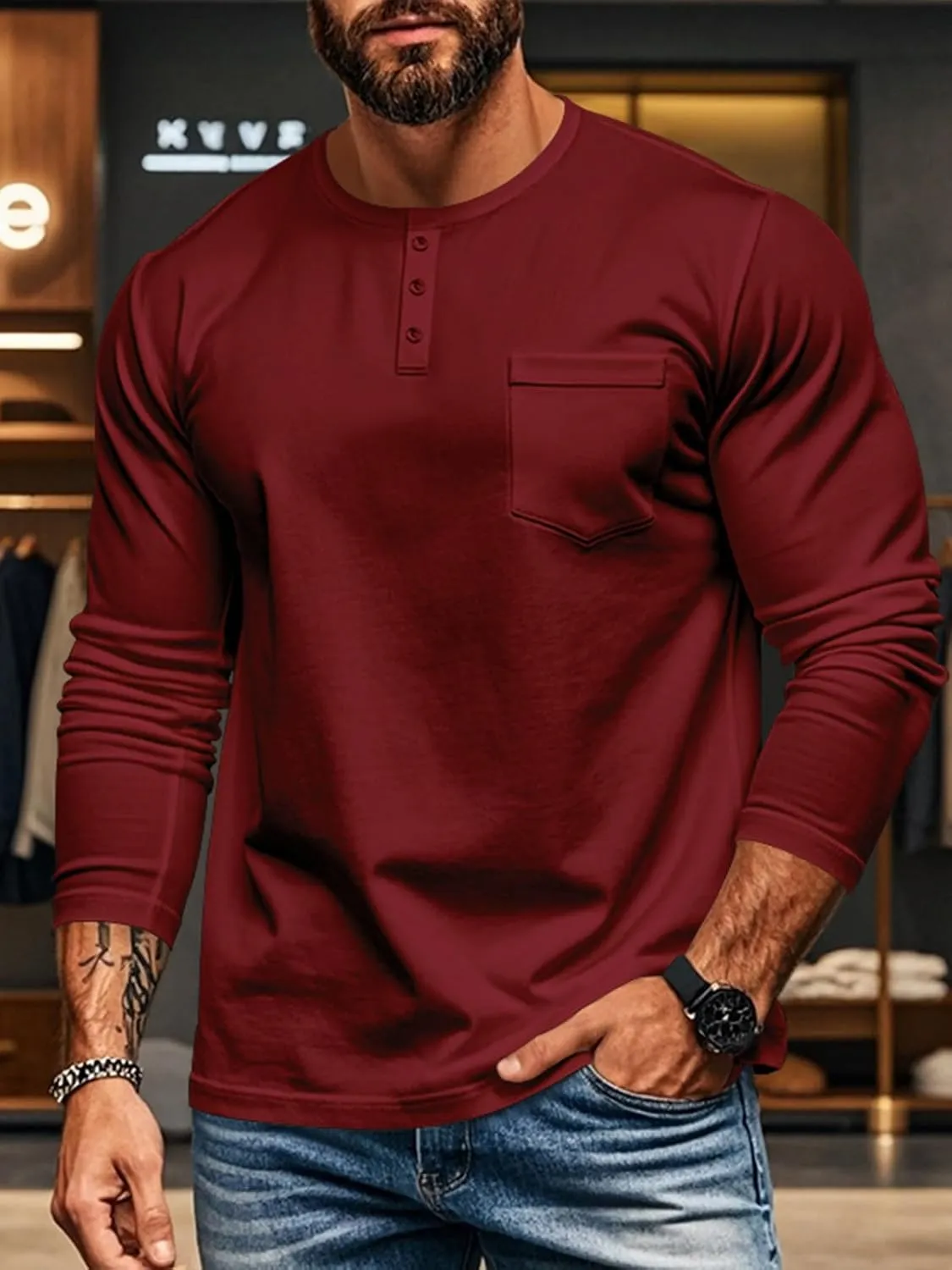 Mens Henley Long Sleeve Shirts Casual Plain Button T-Shirts Lightweight Slim Fit Pullover Shirts