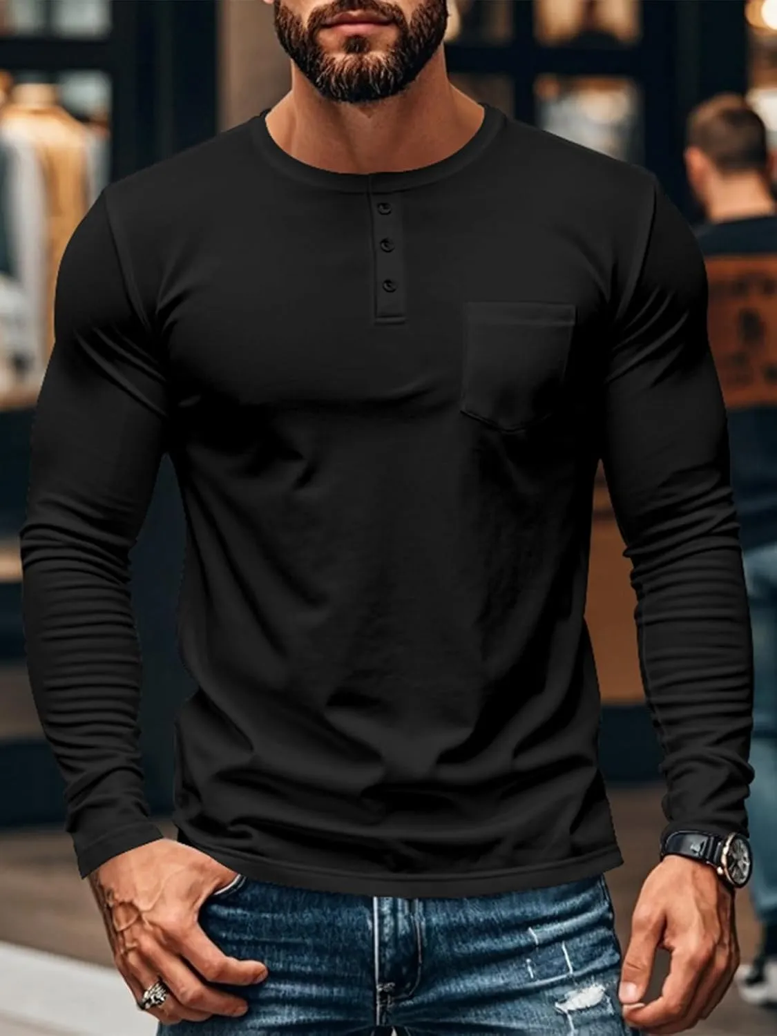 Mens Henley Long Sleeve Shirts Casual Plain Button T-Shirts Lightweight Slim Fit Pullover Shirts