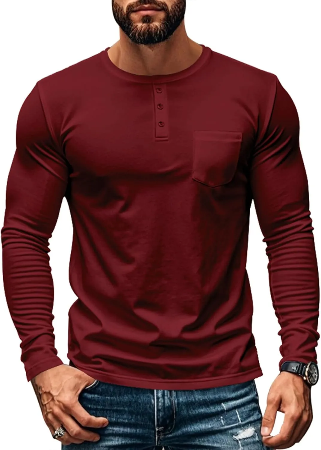 Mens Henley Long Sleeve Shirts Casual Plain Button T-Shirts Lightweight Slim Fit Pullover Shirts