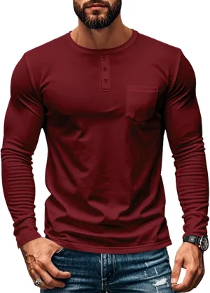Mens Henley Long Sleeve Shirts Casual Plain Button T-Shirts Lightweight Slim Fit Pullover Shirts