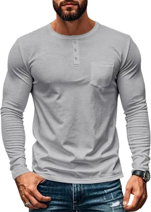 Mens Henley Long Sleeve Shirts Casual Plain Button T-Shirts Lightweight Slim Fit Pullover Shirts