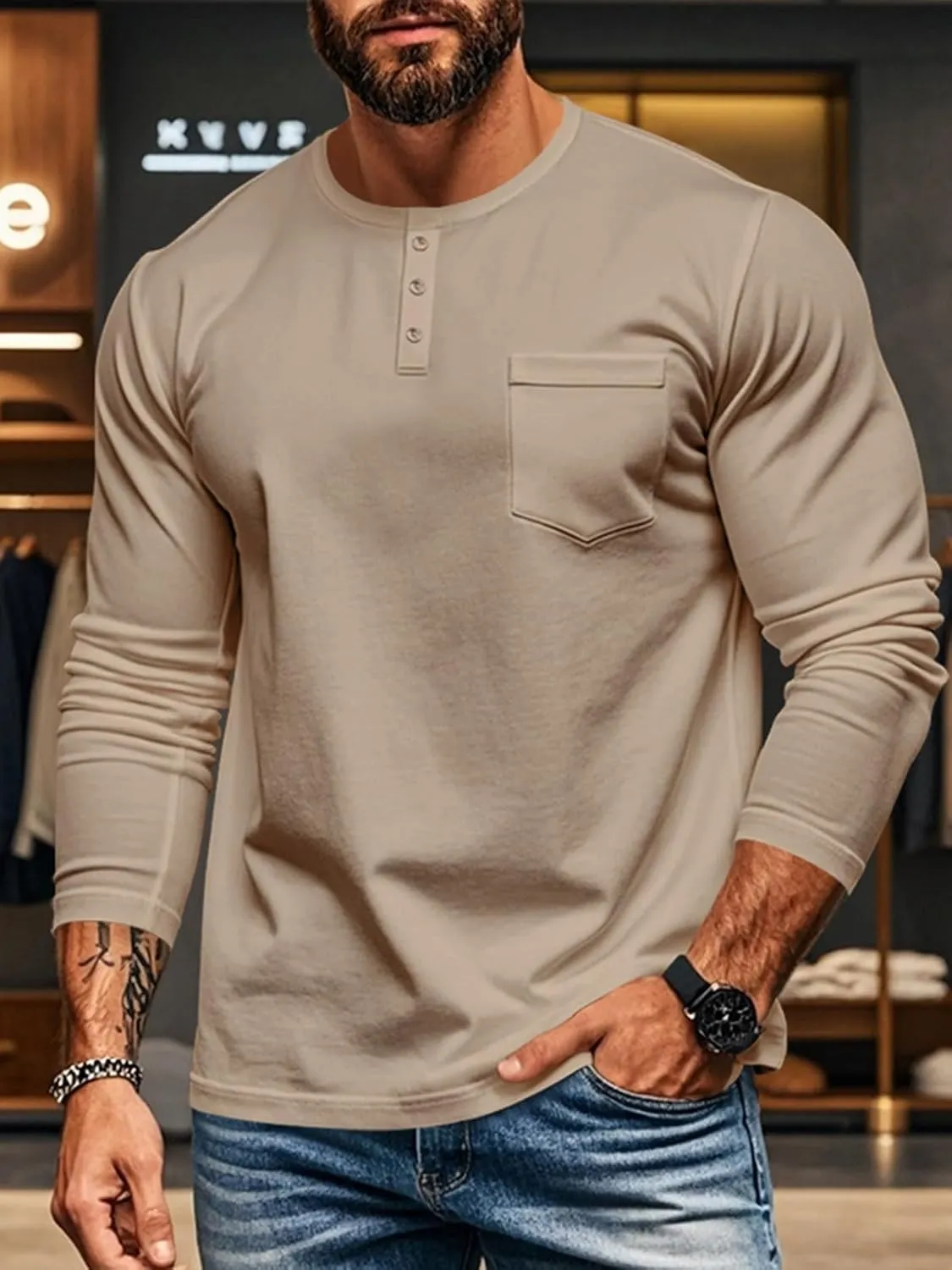 Mens Henley Long Sleeve Shirts Casual Plain Button T-Shirts Lightweight Slim Fit Pullover Shirts