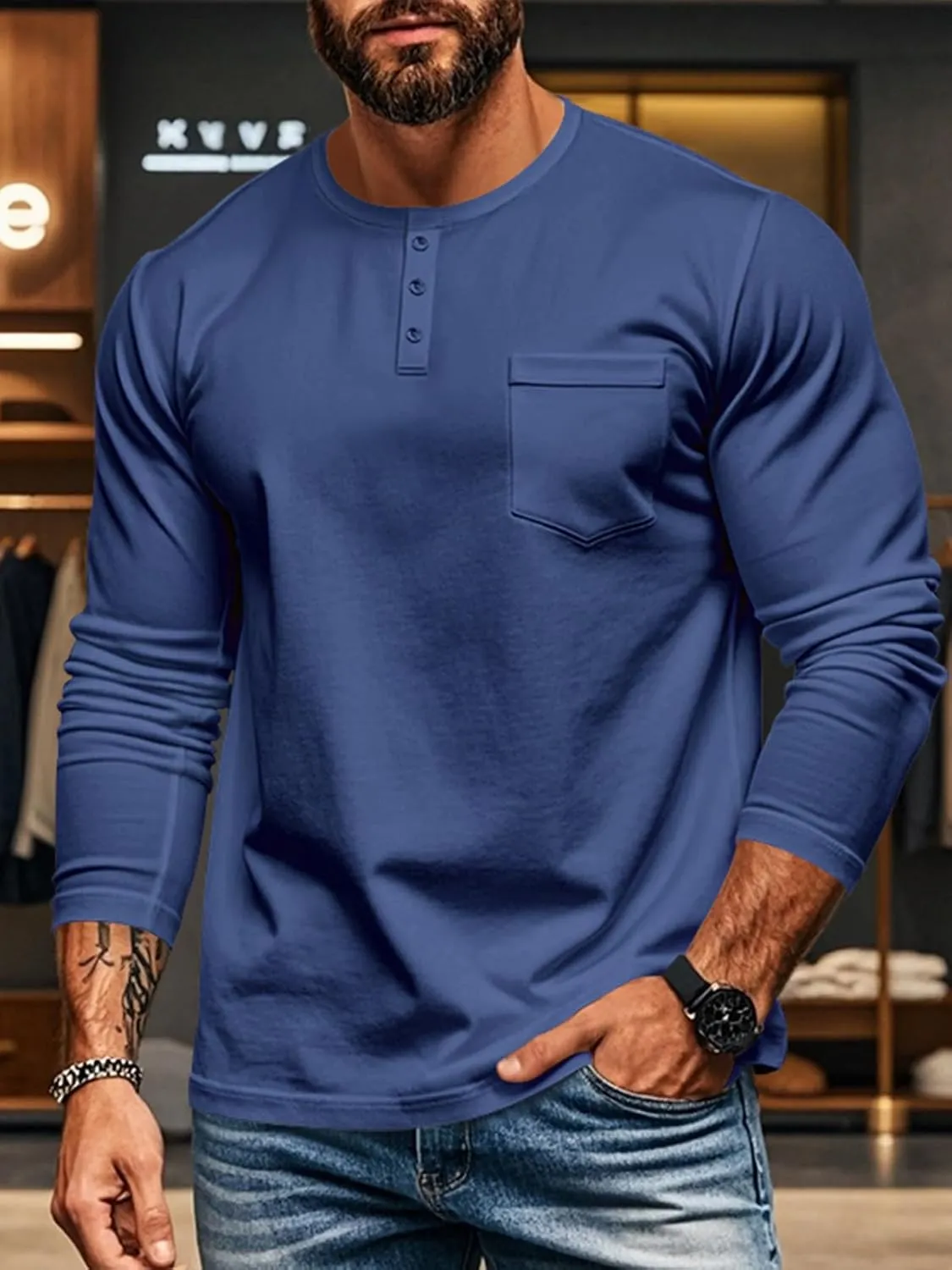 Mens Henley Long Sleeve Shirts Casual Plain Button T-Shirts Lightweight Slim Fit Pullover Shirts