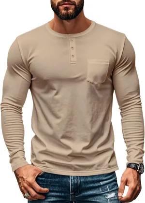 Mens Henley Long Sleeve Shirts Casual Plain Button T-Shirts Lightweight Slim Fit Pullover Shirts
