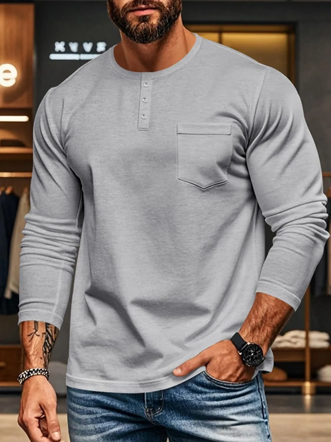 Mens Henley Long Sleeve Shirts Casual Plain Button T-Shirts Lightweight Slim Fit Pullover Shirts