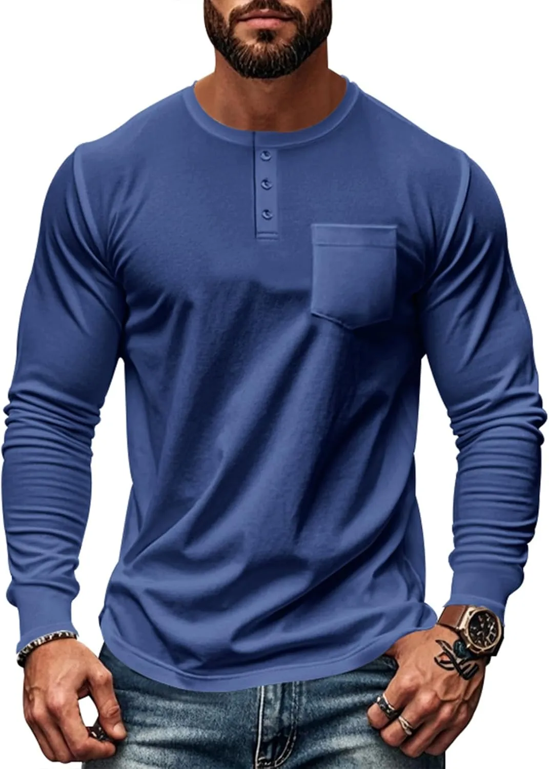 Mens Henley Long Sleeve Shirts Casual Plain Button T-Shirts Lightweight Slim Fit Pullover Shirts