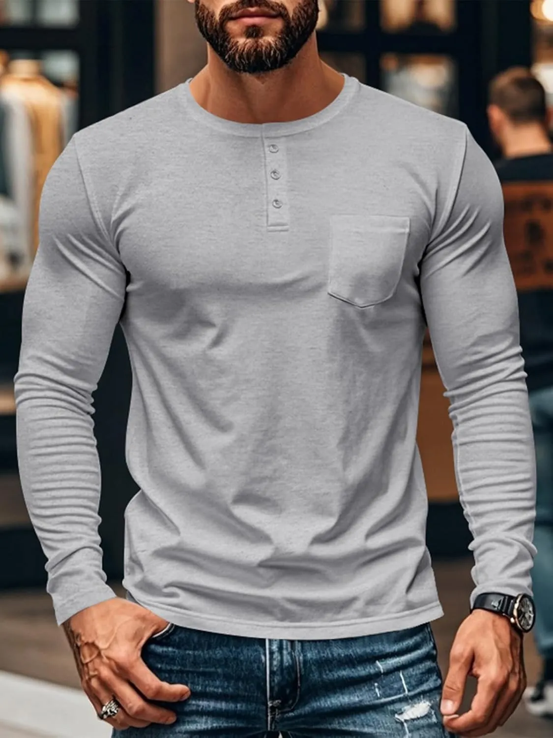 Mens Henley Long Sleeve Shirts Casual Plain Button T-Shirts Lightweight Slim Fit Pullover Shirts
