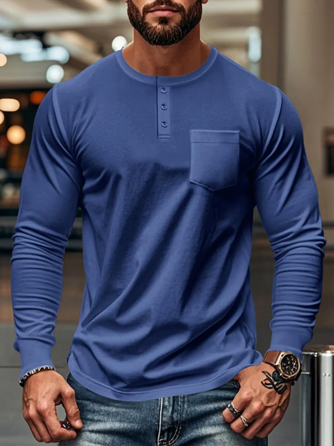 Mens Henley Long Sleeve Shirts Casual Plain Button T-Shirts Lightweight Slim Fit Pullover Shirts