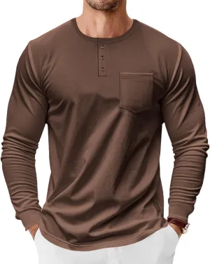 Mens Henley Long Sleeve Shirts Casual Plain Button T-Shirts Lightweight Slim Fit Pullover Shirts