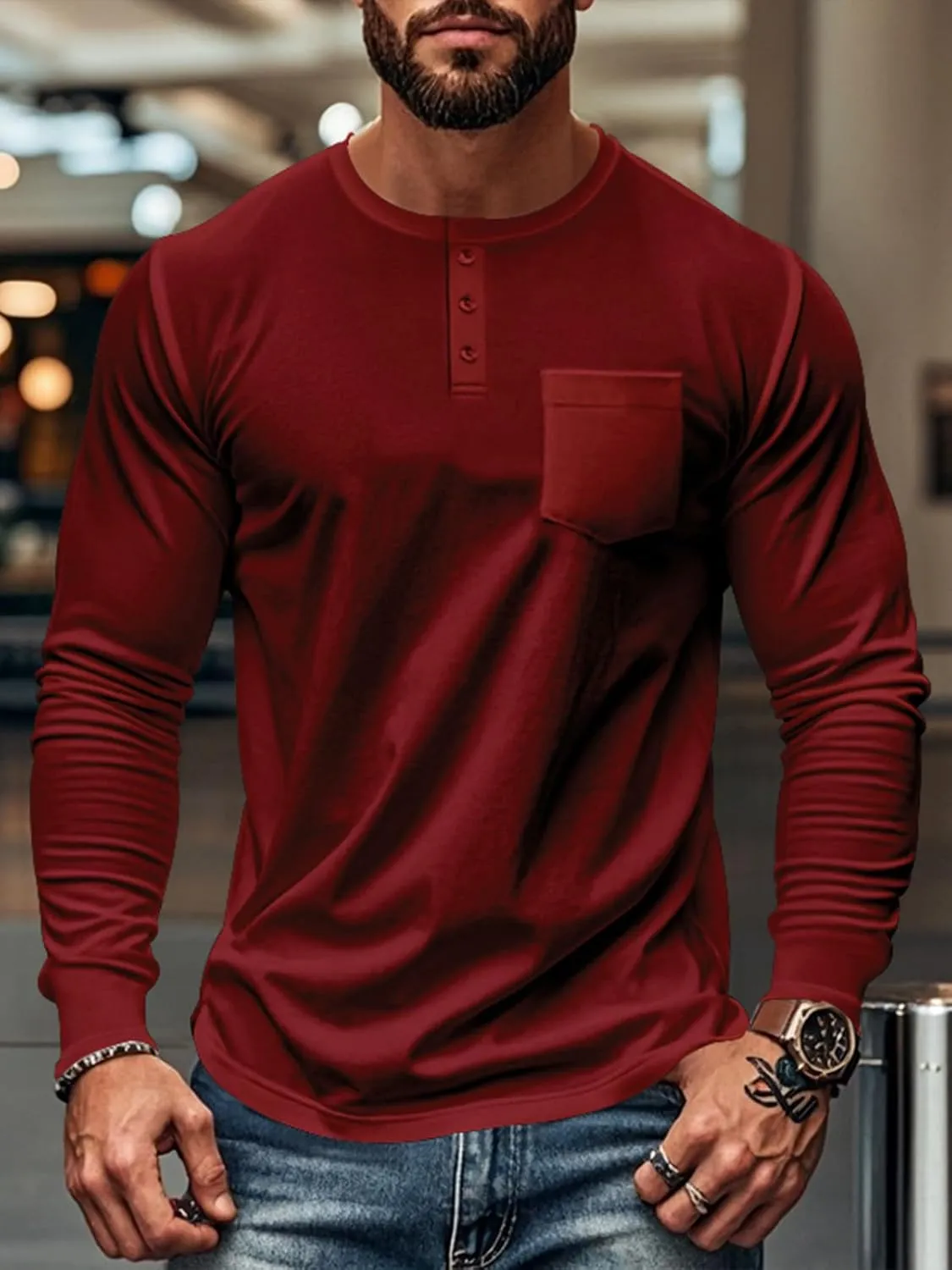 Mens Henley Long Sleeve Shirts Casual Plain Button T-Shirts Lightweight Slim Fit Pullover Shirts