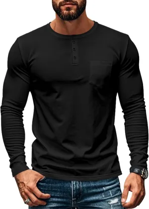 Mens Henley Long Sleeve Shirts Casual Plain Button T-Shirts Lightweight Slim Fit Pullover Shirts