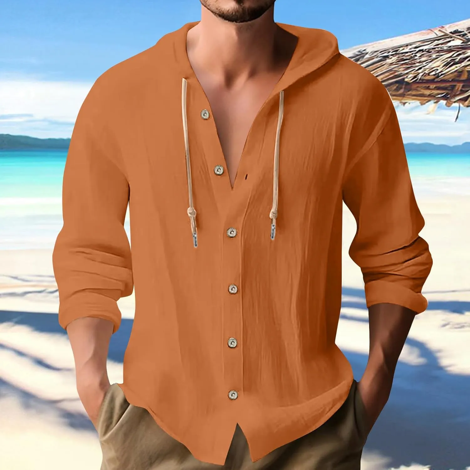 Men's Linen Hooded Henley Shirt Trendy Lightweight Beach Vacation Summer Hoodie Long Sleeve Button Down for Summer Tops