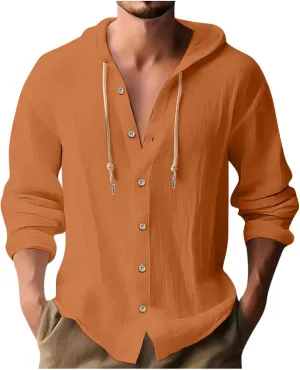 Men's Linen Hooded Henley Shirt Trendy Lightweight Beach Vacation Summer Hoodie Long Sleeve Button Down for Summer Tops