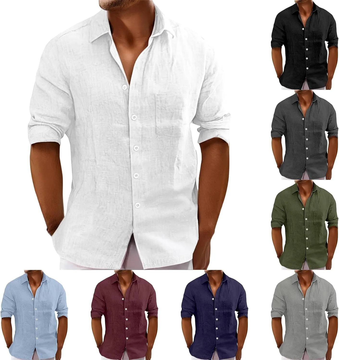 Men's Linen Shirt Long Sleeve Casual Shirt Loose Plus Size Solid Color Lapel T-Shirts Summer Beach Tops