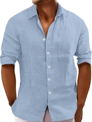 Men's Linen Shirt Long Sleeve Casual Shirt Loose Plus Size Solid Color Lapel T-Shirts Summer Beach Tops