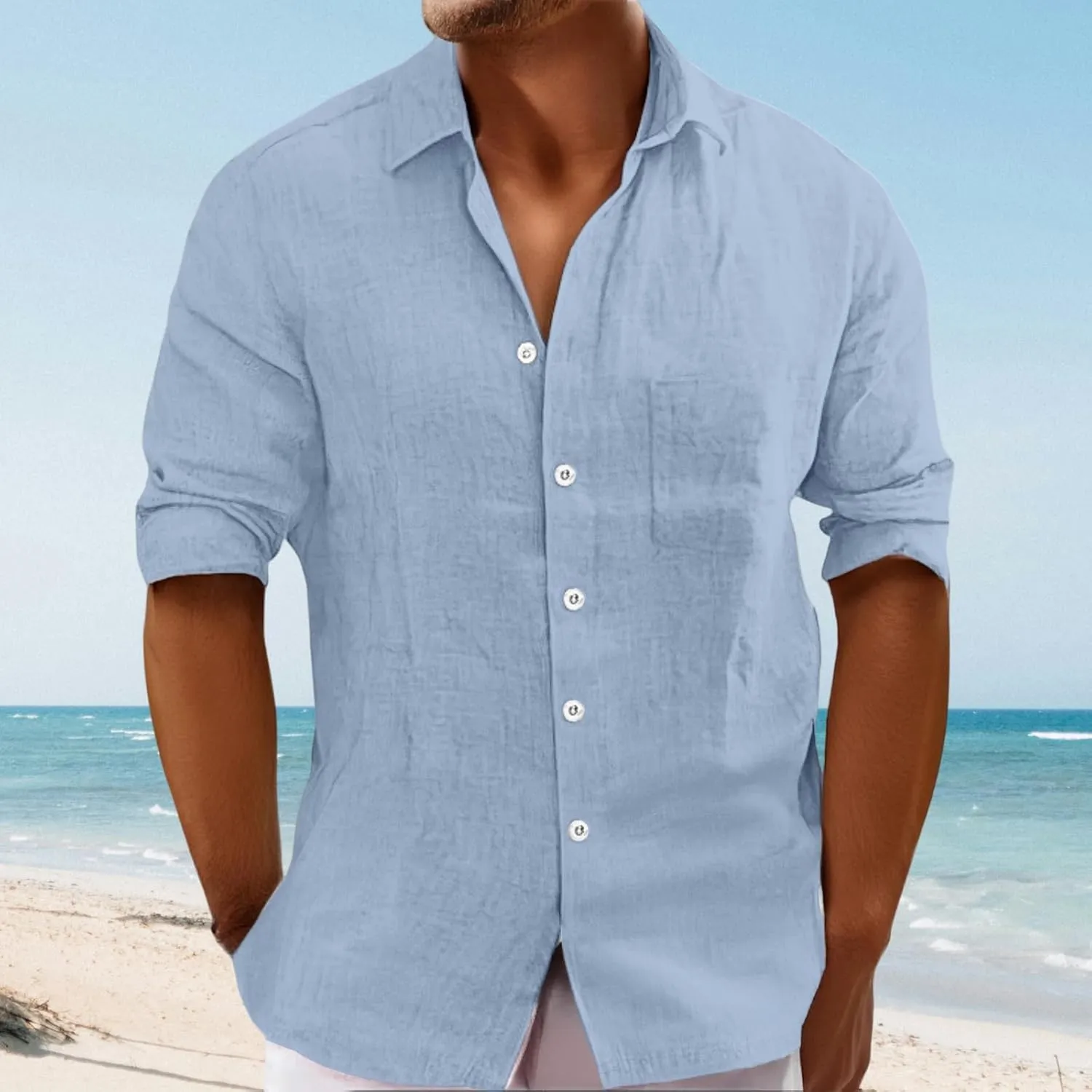 Men's Linen Shirt Long Sleeve Casual Shirt Loose Plus Size Solid Color Lapel T-Shirts Summer Beach Tops