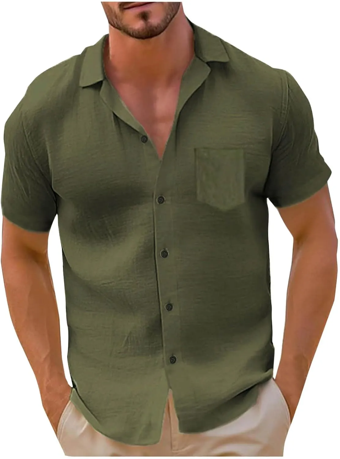 Men's Linen Shirts Short Sleeve Casual Shirts Solid Button Down Shirts Vacation Beach Summer Tops with Pocket