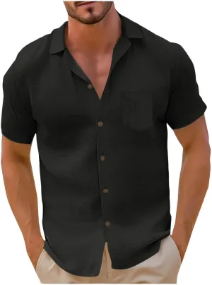 Men's Linen Shirts Short Sleeve Casual Shirts Solid Button Down Shirts Vacation Beach Summer Tops with Pocket