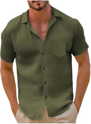 Men's Linen Shirts Short Sleeve Casual Shirts Solid Button Down Shirts Vacation Beach Summer Tops with Pocket