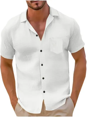 Men's Linen Shirts Short Sleeve Casual Shirts Solid Button Down Shirts Vacation Beach Summer Tops with Pocket