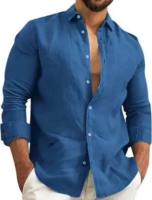 Men's Linen Shirts Slim Fit Long Sleeve Beach Hawaiian Shirts Business Casual Collared Button Down Work Shirts