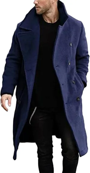 Men's Long Trench Coat Notch Lapel Pea Coat Double Breasted Mid Long Overcoat Casual Business Coat with Pockets