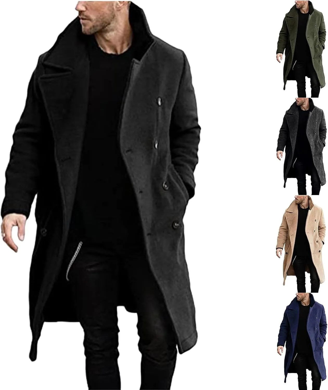 Men's Long Trench Coat Notch Lapel Pea Coat Double Breasted Mid Long Overcoat Casual Business Coat with Pockets