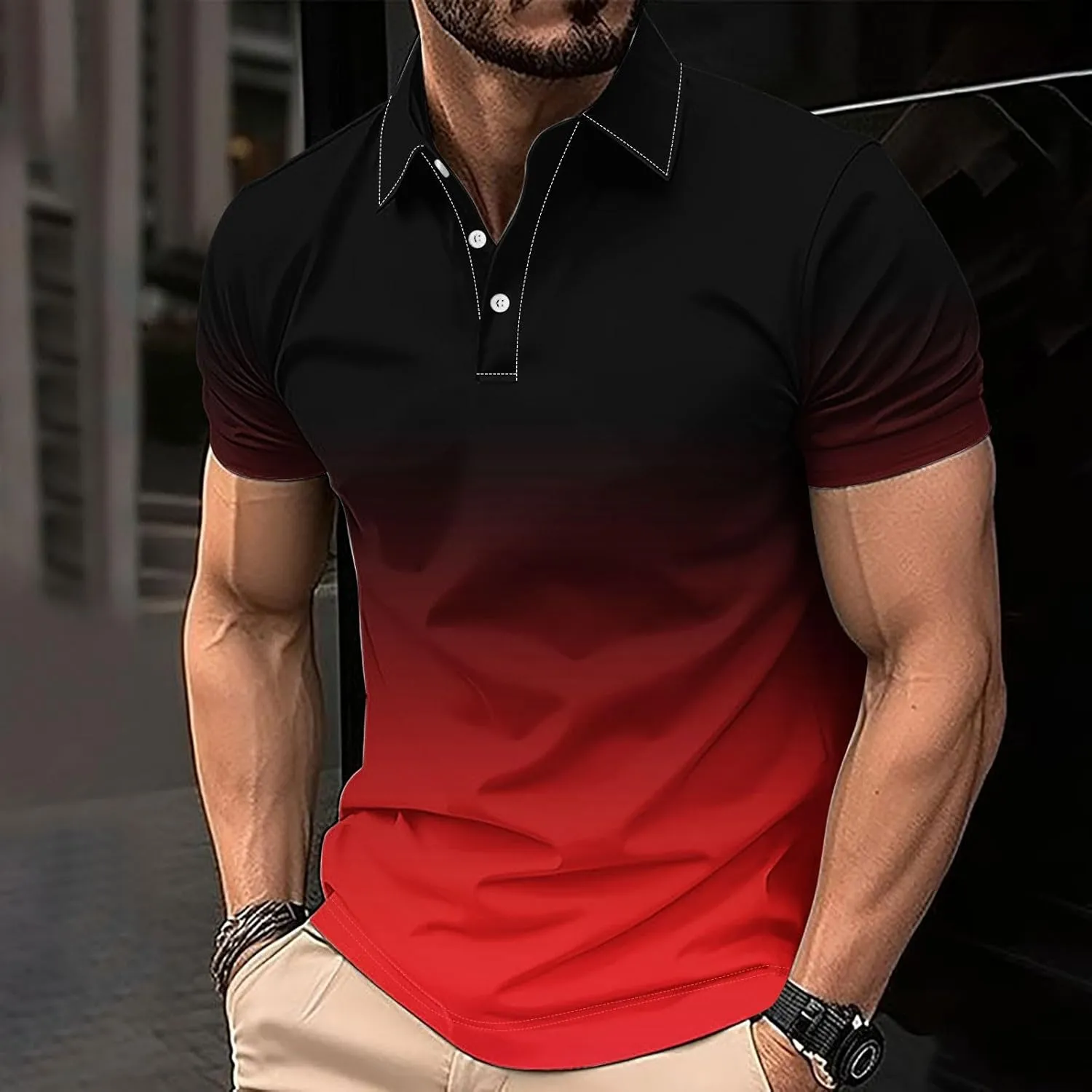 Men's Polo Shirts Short Sleeve Casual Stylish Button Golf Shirts Gradient Moisture Wicking Collared Polos Tshirts