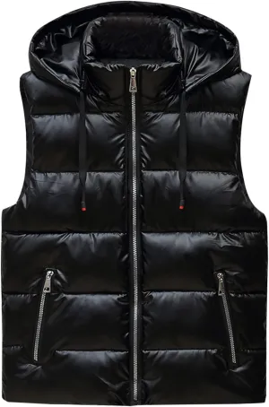 Mens Shiny Metallic Puffer Vest Winter Warm Coat Hoodie Outerwear Sleeveless Jacket Down Puffy Jacket With Pockets